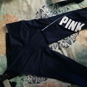 PINK ultimate leggings Sz Large blue and white whith pink in white lettering on